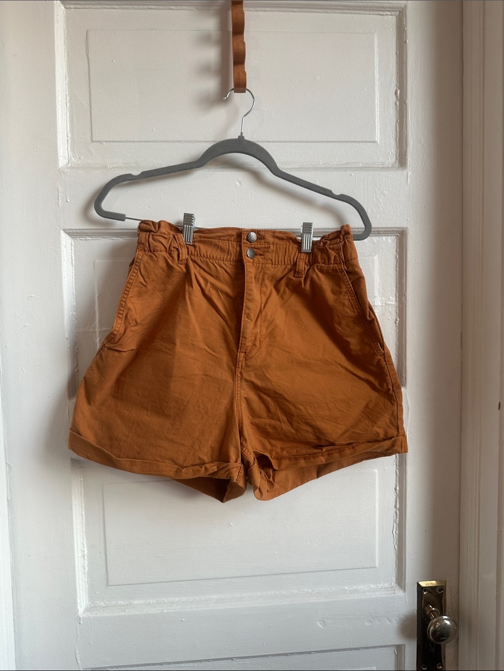 Universal Thread High-Waist Paperbag Shorts in Rust Orange